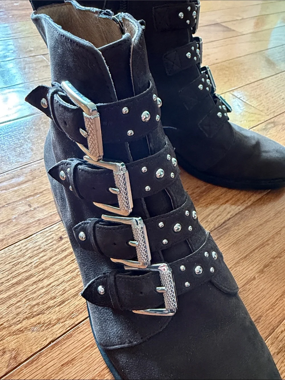 Halogen Dark Brown Buckle Stud Suede Ankle Boots